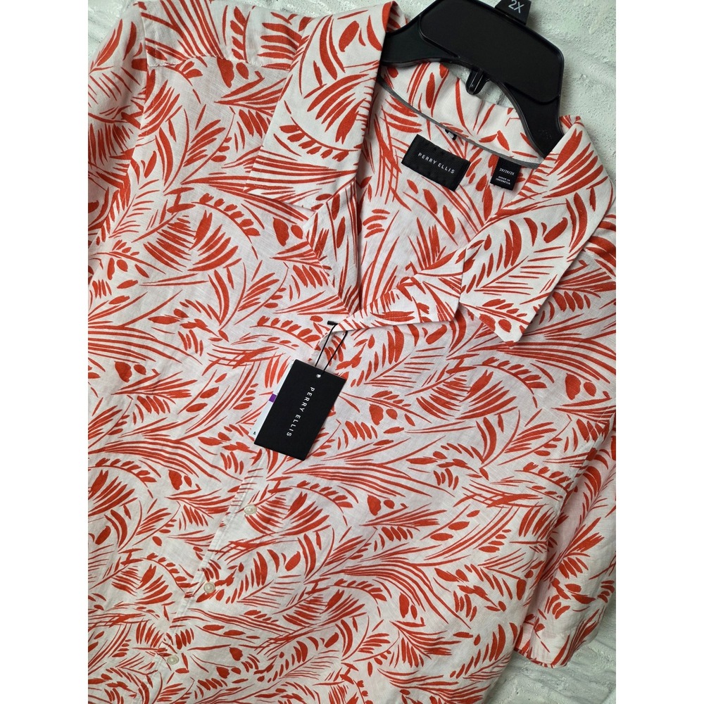 NWT Perry Ellis Button up Shirt Men 2X Linen Leaf Short Sleeve Orange White